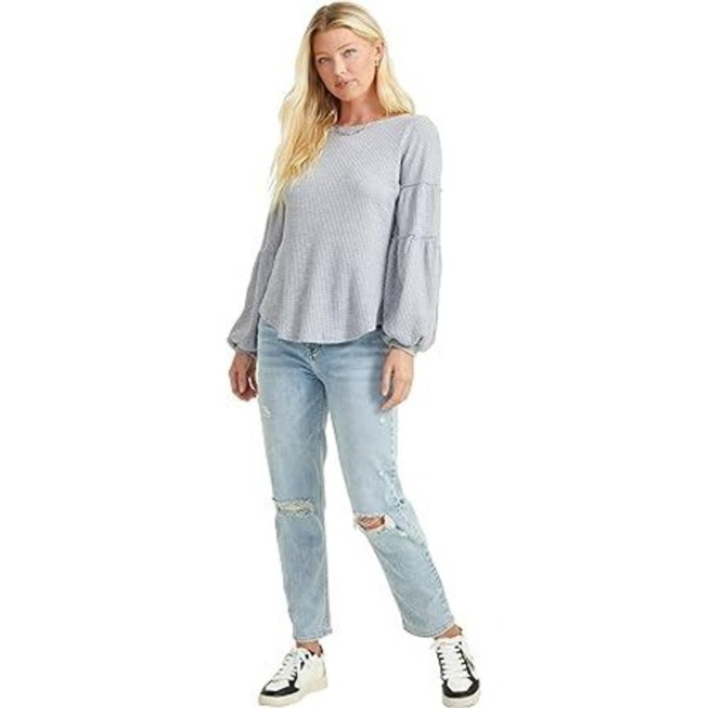 Waffle Knit Bell Sleeve Top Blouse Light Blue Casual Comfy‎ Everyday